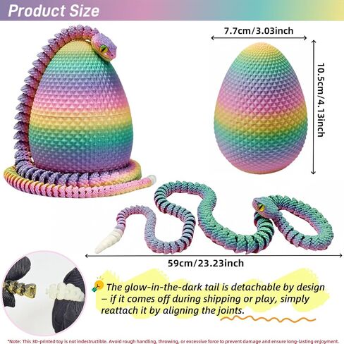 23" 3D Printed Snake with Egg - Flexible Snake with Luminous Tail, 3D Fidget Toys for Autism/ADHD, 3D Printed Animals Snake Toy for Kids & Adults (BlackRed) in Kuwait