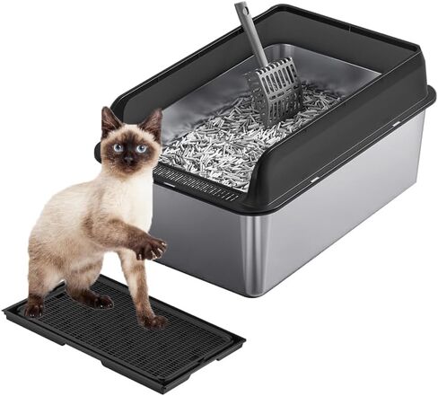 صندوق القمامة من الفولاذ المقاوم للصدأ مع غطاء ، صندوق فضلات كبير مع مغرفة سيفتر وحصيرة فضلات مزدوجة ، 6 '' صندوق القمامة المعدنية العميقة غير اللطيفة وسهلة التنظيف باللون الرمادي in Kuwait