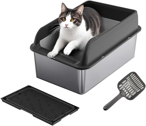 صندوق القمامة من الفولاذ المقاوم للصدأ مع غطاء ، صندوق فضلات كبير مع مغرفة سيفتر وحصيرة فضلات مزدوجة ، 6 '' صندوق القمامة المعدنية العميقة غير اللطيفة وسهلة التنظيف باللون الرمادي in Kuwait