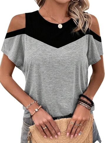 Hilinker Women's Cut Out Cold Shoulder Tops Summer Color Block Short Sleeve Sexy Shirts in Saudi Arabia