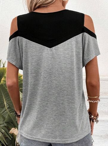 Hilinker Women's Cut Out Cold Shoulder Tops Summer Color Block Short Sleeve Sexy Shirts in Saudi Arabia