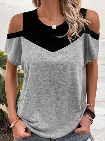 Hilinker Women's Cut Out Cold Shoulder Tops Summer Color Block Short Sleeve Sexy Shirts in Saudi Arabia