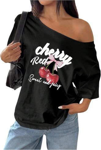 SOLY HUX Women's Plus Size T Shirt Cherry Print Asymmetrical Neck Short Sleeve Loose Y2k Graphic Tees Tops in Saudi Arabia