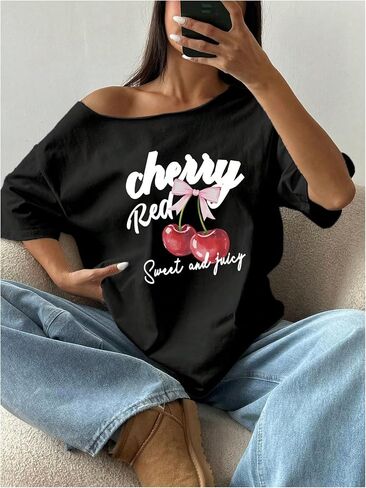 SOLY HUX Women's Plus Size T Shirt Cherry Print Asymmetrical Neck Short Sleeve Loose Y2k Graphic Tees Tops in Saudi Arabia
