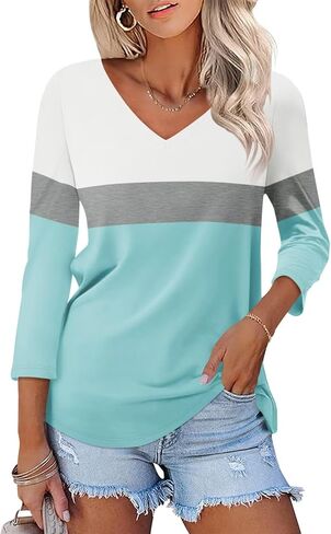 Women's V Neck 3/4 Sleeve Tops Color Block/Solid Shirts Basic Summer Tees in Saudi Arabia