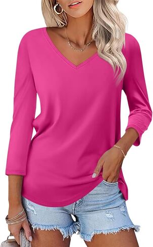Women's V Neck 3/4 Sleeve Tops Color Block/Solid Shirts Basic Summer Tees in Saudi Arabia