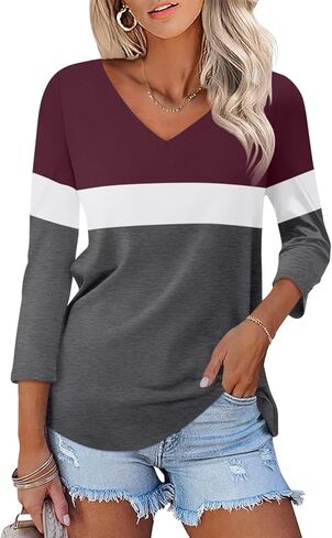 Women's V Neck 3/4 قمم الأكمام بلوك/قمصان صلبة محملات الصيف الأساسية in Saudi Arabia