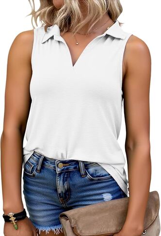 Plus-Size-Tank-Tops for Women Summer Collared V Neck Tunics Casual Flowy Sleeveless Polo Shirts Dressy Work Blouses in Kuwait