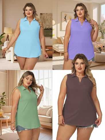 Plus-Size-Tank-Tops for Women Summer Collared V Neck Tunics Casual Flowy Sleeveless Polo Shirts Dressy Work Blouses in Kuwait