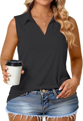 Plus-Size-Tank-Tops for Women Summer Collared V Neck Tunics Casual Flowy Sleeveless Polo Shirts Dressy Work Blouses in Kuwait