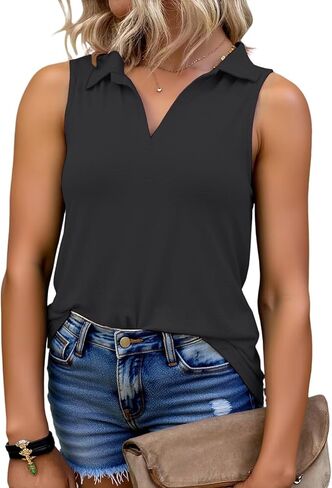 Plus-Size-Tank-Tops for Women Summer Collared V Neck Tunics Casual Flowy Sleeveless Polo Shirts Dressy Work Blouses in Kuwait