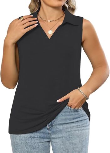 Plus-Size-Tank-Tops for Women Summer Collared V Neck Tunics Casual Flowy Sleeveless Polo Shirts Dressy Work Blouses in Kuwait