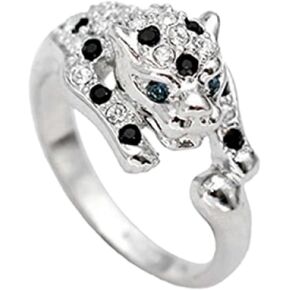 White Gold Plated Animal Leopard Ring with Clear and Black Cubic Zirconia Jaguar Sport Dots Fashion Jewelry for Women