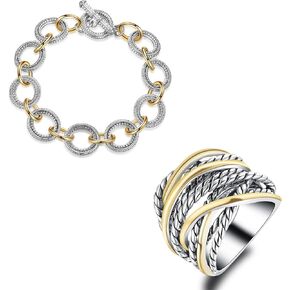 Link Bracelet for Women Gold and Silver Ring Jewelry Sets for Women (Ring size 8)