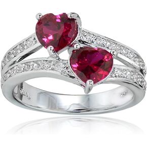 Sterling Silver Created Ruby and White Topaz Double Heart Friendship Ring