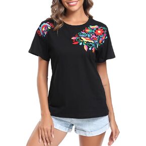 2024 Mexican Embroidered Tops for Women Floral Tunic Summer T Shirt Short Sleeve Boho Loose Fit Shirts
