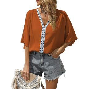 VIISHOW Women Short Sleeve V Neck Soft Chiffon Blouse