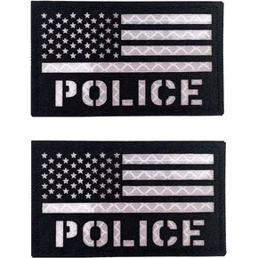 2 Pack Reflective POLICE Patch US Flag with Hook Back for Service Harness Tactical Vest Collar Hook-Fastener Backing (Black-White)