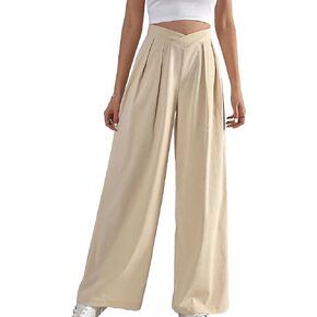 SweatyRocks Women's High Waist Wide Leg Straight Trousers Asymmetrical Waist Pleated Long Loose Pants with Pockets