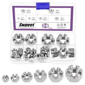 Swpeet 20Pcs 6 Sizes Silver M6 M8 M10 M12 M14 M16 304 Stainless Steel Hexagon Slotted Nuts Assortment Kit, Hex Castle Nuts Hex Nuts for Moto Car Furniture Fasteners Repair