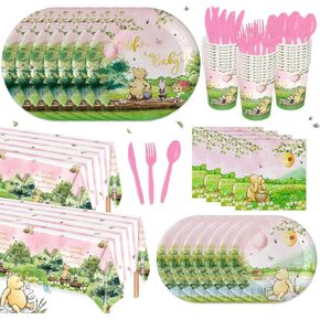 170 قطعة من لوحات زينة استحمام الطفل ويني بير العتيقة، مناديل للفتيات، لوازم حفلات أعياد الميلاد، مفرش طاولة للبنات، أكواب لحديثي الولادة، شوك وردية، مجموعة أدوات مائدة ورقية للاستعمال مرة واحدة لـ 24 ضيفًا in Kuwait