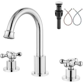 Aolemi 8 Inch 3 Holes Widespread Bathroom Sink Faucet, Brushed Nickel Double Cross Handle SUS304 360 Degree Swivel Spout with Pop Up Drain Deck Mount Lavatory Mixer Tap