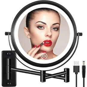 مرآة مكياج مثبتة على الحائط قابلة لإعادة الشحن مقاس 8 بوصات مع 3 أضواء ملونة قابلة للتعتيم، مرآة مكبرة للحمام دوارة 360 درجة مزدوجة الجوانب 1/10 مرات مع ذراع قابلة للتمديد باللون الأسود in Kuwait