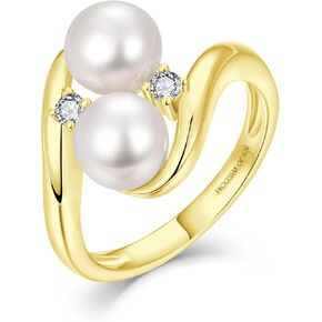 JO WISDOM خاتم اللؤلؤ، 925 فضة مكعب زركونيا خواتم نسائية ذهبية مع اثنين من اللؤلؤ 7 مم لؤلؤ المياه العذبة الأبيض المستزرع in Kuwait