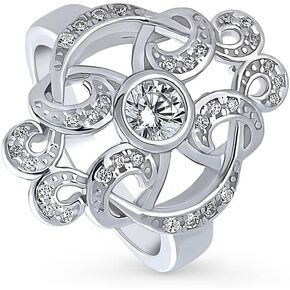BERRICLE Sterling Silver Flower Cubic Zirconia CZ Statement Art Deco Cocktail Fashion Ring for Women, Rhodium Plated Size 4-10