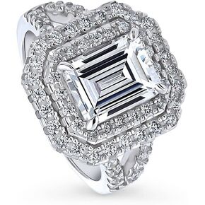 BERRICLE Sterling Silver Halo Wedding Engagement Rings Emerald Cut Cubic Zirconia CZ Statement Cocktail Split Shank Ring for Women, Rhodium Plated Size 4-10