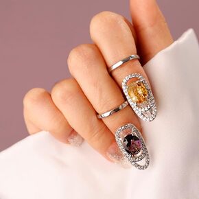 Purple Crystal Fingertip Manicure Ring Adjustable Statement Rings for Women Girls