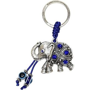Elephant Keychain w/Blue Crystals and Hanging Evil Eye Tassel Sign of Good Luck and Blessing Home Keys and Office Bag Decorative Car Ornaments for Rear View Mirror Accessories