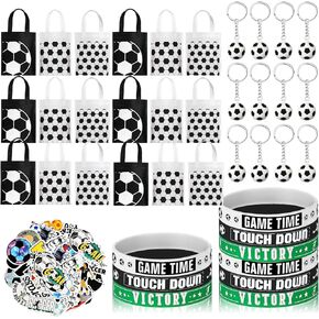 Wettarn 122 Pieces Soccer Party Favors Set, Including 24 Pcs Soccer Non Woven Gift Bags 24 Pcs Soccer Silicone Bracelet 24 Pcs Keychains 50 Pcs Stickers for Soccer Theme Party Goodie Bags Fillers