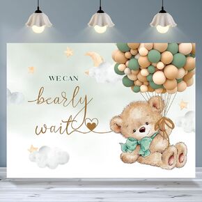 Bear Themed Backdrop Boy Bear Balloons Green and Gold Baby Shower Photography Background We Can Bearly Wait Baby Shower Party Decorations Cake Table Banner Supplies Photo Booth Props 7x5ft