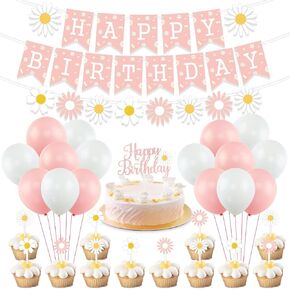 Daisy Flower Birthday Party Decorations, Daisy Happy Birthday Banner Daisy Flower Birthday Cake Cupcake Toppers for Hippie Themed Daisy Party Girl Baby Shower Birthday Boho Daisy Birthday Supplies
