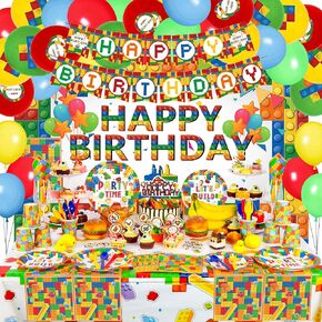 177 Pcs Building Block Birthday Party Decorations, Building Block Themed Birthday Party Supplies, Include Balloons & Tools, Tablewares, Backdrop, Cake & Cupcake Topper. Serves 10 Guests.