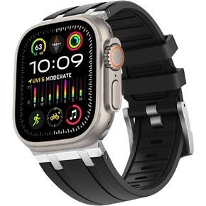 HITZEE Compatible with Apple Watch Ultra Band 49mm 45mm 44mm 42mm, Liquid Silicone Bands with Stainless Steel Adapter Strap Designed for Apple Watch Ultra 2 Ultra Series 9 8 7 SE 6 5 4 3 2, Black