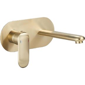 GGStudy Brushed Gold Wall Mounted Bathroom Faucet Round Cover Plate Single Handle Bathroom Sink Faucet Basin Lavatory Faucet Mixer Tap Solid Brass Rough-in Valve Included