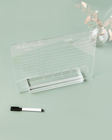 مساعدة - متتبع العادات الأسبوعية من الأكريليك - لوح مسح جاف ومسح نظيف - لاحظ اتجاهات السلوك وتشجيع العادات الصحية - تصميم بسيط للمكتب أو غرفة النوم - المجلة والتركيز in Kuwait