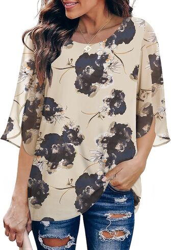 قمصان نسائية قطع علوية فضفاضة كاجوال بياقة واسعة وأكمام نصف مكشكشة (01-زهور حبر المشمش، مقاس XL) in Kuwait