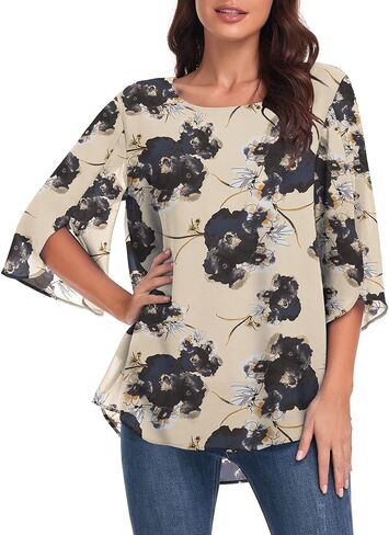 قمصان نسائية قطع علوية فضفاضة كاجوال بياقة واسعة وأكمام نصف مكشكشة (01-زهور حبر المشمش، مقاس XL) in Kuwait