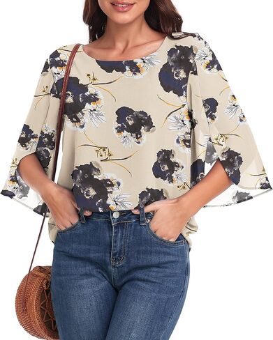 قمصان نسائية قطع علوية فضفاضة كاجوال بياقة واسعة وأكمام نصف مكشكشة (01-زهور حبر المشمش، مقاس XL) in Kuwait