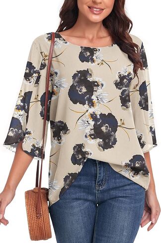 قمصان نسائية قطع علوية فضفاضة كاجوال بياقة واسعة وأكمام نصف مكشكشة (01-زهور حبر المشمش، مقاس XL) in Kuwait