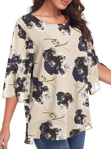 قمصان نسائية قطع علوية فضفاضة كاجوال بياقة واسعة وأكمام نصف مكشكشة (01-زهور حبر المشمش، مقاس XL) in Kuwait