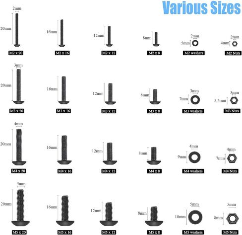 1220 PCS M2 M3 M4 M5, 304 Stainless Steel Hex Flat Head Cap Bolts Screws Nuts Washers Assortment Kit with Hex Wrenches in Saudi Arabia