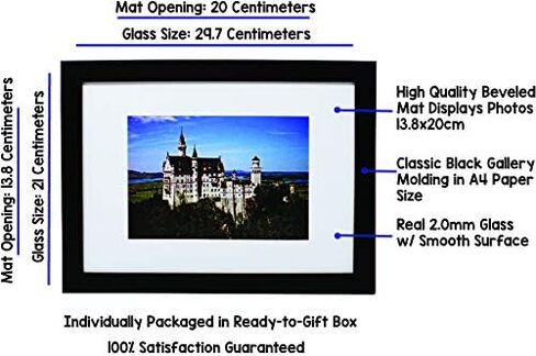 A4 Black Wood 21 x 29.7 cm Picture Frame with 13.8x20cm Mat - Includes Hanging Hardware and Easel - Real Glass - Horizontal and Vertical for Wall or Tabletop - International Size - 8.3x11.7 Inch in Saudi Arabia
