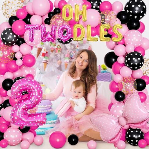 amandir 122pcs بالون أسود وردي مجموعة قوس جارلاند لزينة عيد الميلاد الثاني، أوه twodles عيد ميلاد راية كعكة توبر عقال القوس احباط بالون لفتاة 2 سنة عيد ميلاد لصالح اللوازم in Saudi Arabia