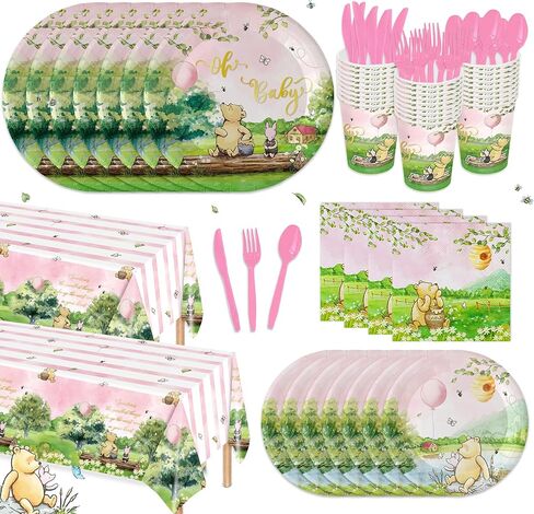 170 قطعة من لوحات زينة استحمام الطفل ويني بير العتيقة، مناديل للفتيات، لوازم حفلات أعياد الميلاد، مفرش طاولة للبنات، أكواب لحديثي الولادة، شوك وردية، مجموعة أدوات مائدة ورقية للاستعمال مرة واحدة لـ 24 ضيفًا in Kuwait