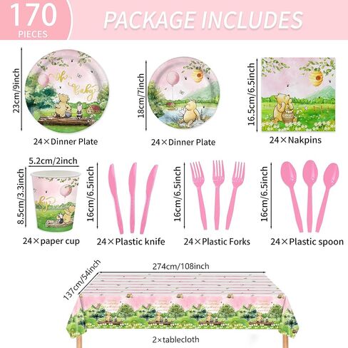 170 قطعة من لوحات زينة استحمام الطفل ويني بير العتيقة، مناديل للفتيات، لوازم حفلات أعياد الميلاد، مفرش طاولة للبنات، أكواب لحديثي الولادة، شوك وردية، مجموعة أدوات مائدة ورقية للاستعمال مرة واحدة لـ 24 ضيفًا in Kuwait