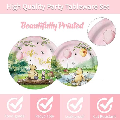 170 قطعة من لوحات زينة استحمام الطفل ويني بير العتيقة، مناديل للفتيات، لوازم حفلات أعياد الميلاد، مفرش طاولة للبنات، أكواب لحديثي الولادة، شوك وردية، مجموعة أدوات مائدة ورقية للاستعمال مرة واحدة لـ 24 ضيفًا in Kuwait